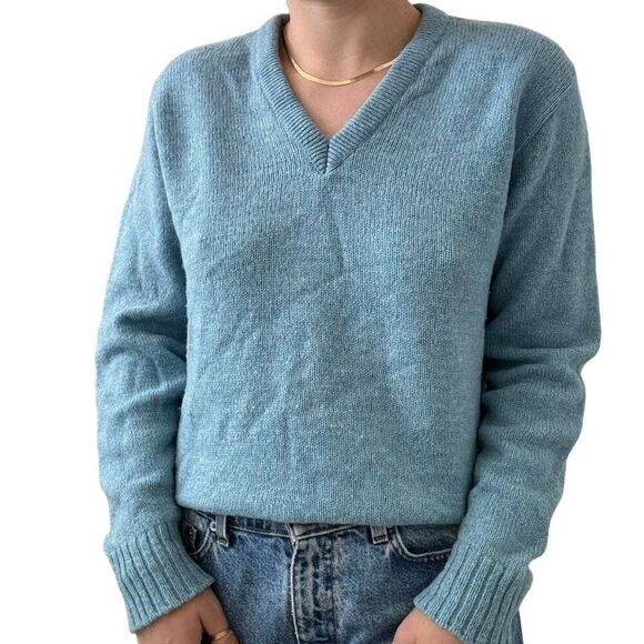 Vintage 1970s Unisex Light Bue Robert Bruce Wool V Neck Sweater Sz M Made USA - Picture 3 of 8